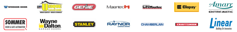 Logos of various garage door brands including Genie, LiftMaster, Wayne Dalton, and Craftsman, representing Prime Secured Garage & Gate Services in Garland, TX.