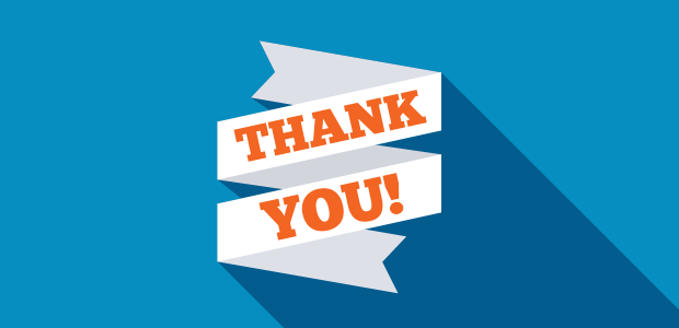 Thank you message in bold orange text on a white ribbon against a blue background, symbolizing customer appreciation for engaging with Prime Secured Garageus services.