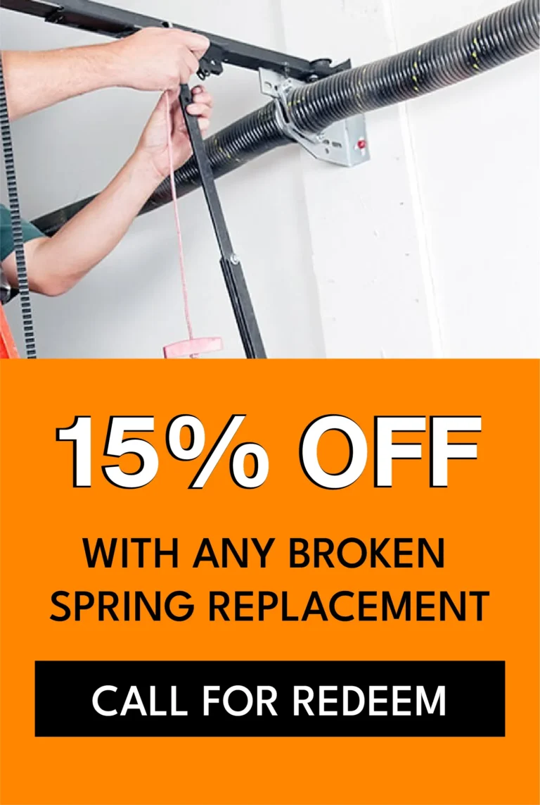 Technician repairing garage door spring with promotional offer for 15% off broken spring replacement.
