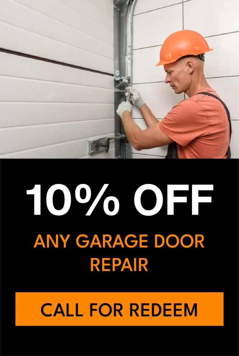 Technician repairing garage door with promotional text offering 10% off any garage door repair services from Prime Secured Garage Door & Gate.