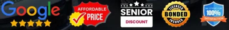 Google five-star rating, affordable price badge, senior discount emblem, licensed and bonded seal, and 100% satisfaction guarantee logo for Prime Secured Garage Door & Gate services.