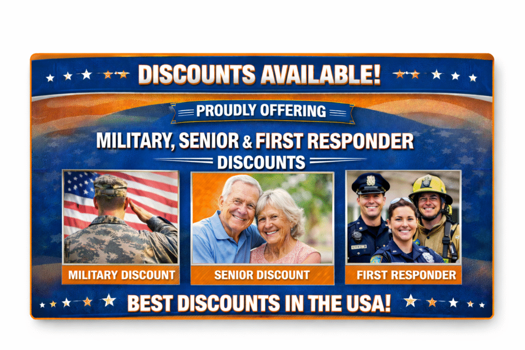 Discounts available for military, senior citizens, and first responders with images representing each group, emphasizing community appreciation and savings.