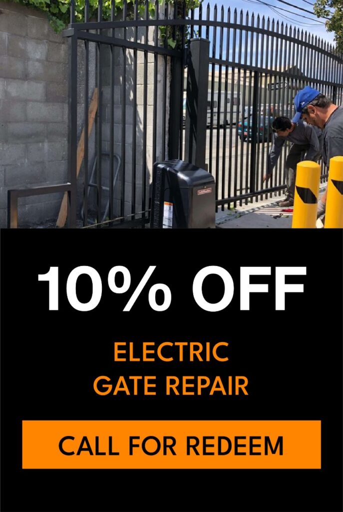 Electric gate repair promotion with technicians working on a gate, featuring a 10% discount offer.