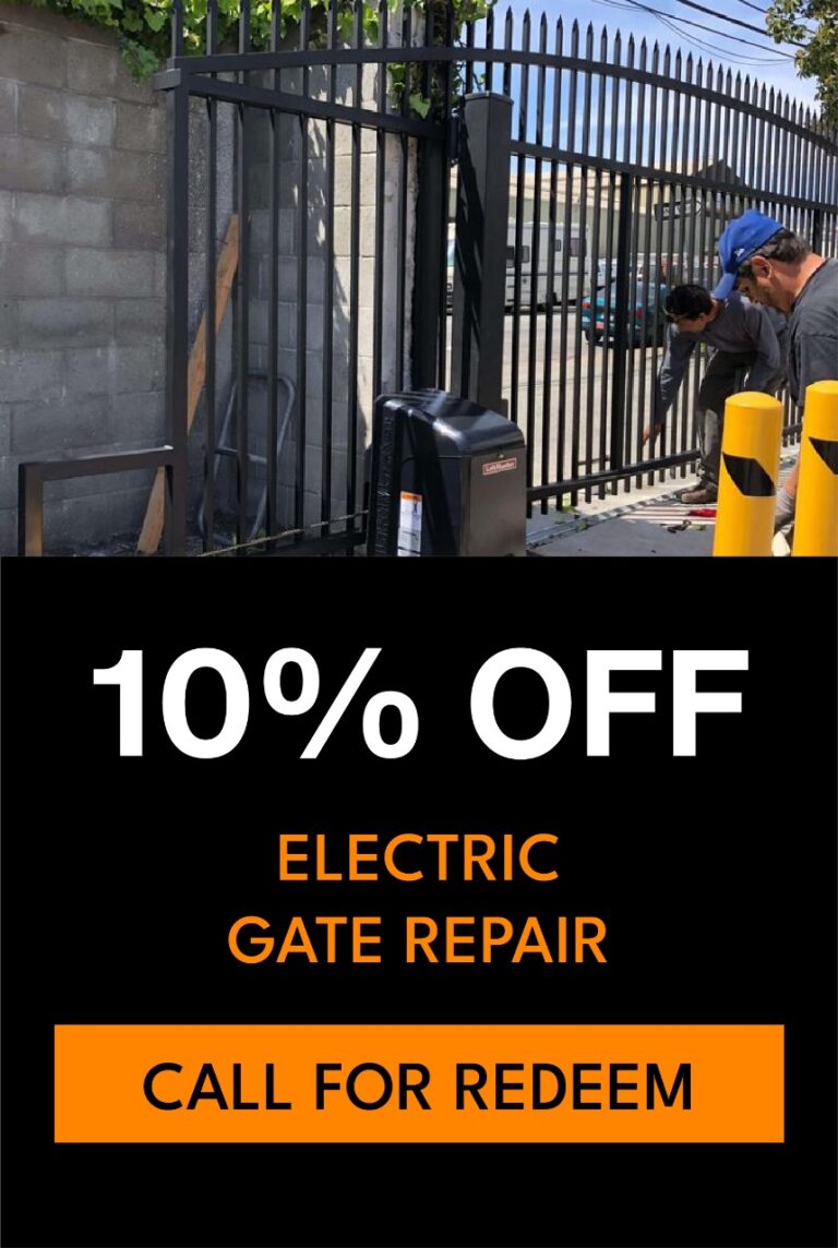 Technicians repairing an electric gate, promotional text for 10% off electric gate repair services, emphasizing Prime Secured Garage Door & Gate expertise.