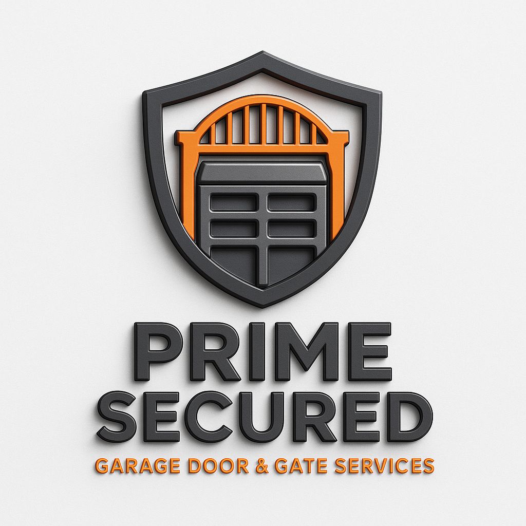 Prime Secured logo featuring a garage door icon within a shield, emphasizing garage door and gate services.
