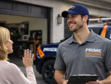 A smiling service technician converses with a woman outside a garage.