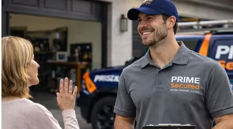 A smiling service technician converses with a woman outside a garage.
